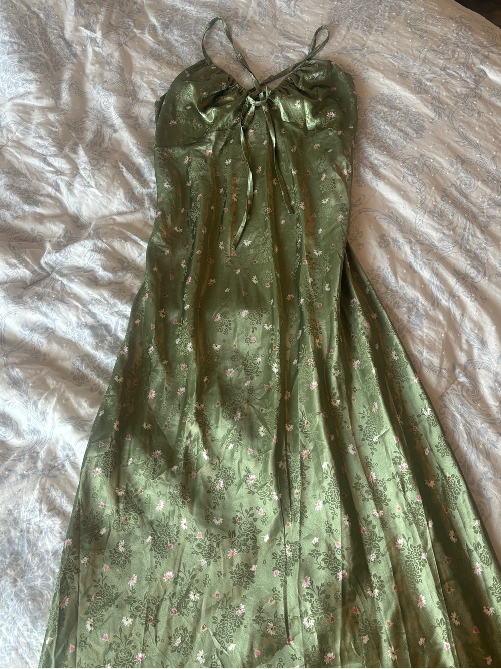 Green floral dress.